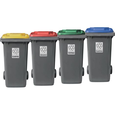 Set 4 bidoni porta rifiuti - capacità 240 litri - bicolor con fondo grigio e coperchi colorati per raccolta differenziata (Giallo, Blu, Verde e Rosso)