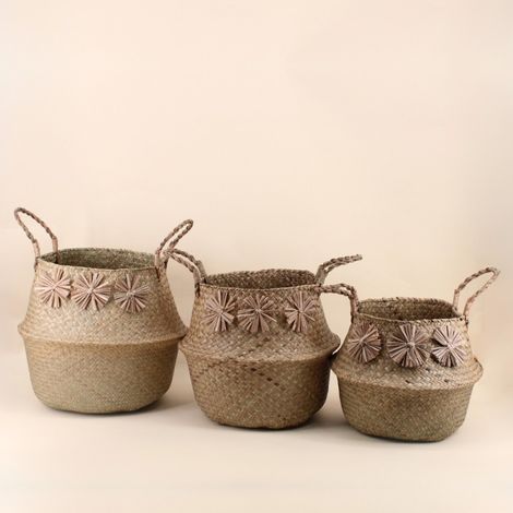Set de 3 paniers en fibres naturelles avec pompons