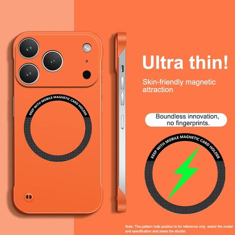 (Orange, iPhone 12 Pro) Coque magnétique ultra-mince sans bordure, compatible avec la recharge sans fil, coque arrière rigide. (1/5)