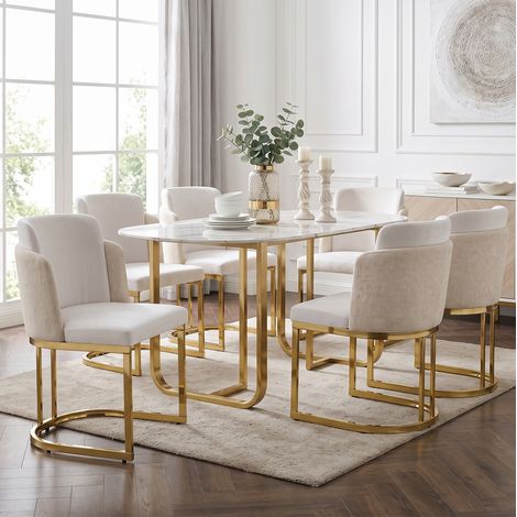 6er-Set Esszimmerstühle 61,5x53,5x86 cm Chenille Beige, hohe stabile Lehne – MEUBLIV (1/5)
