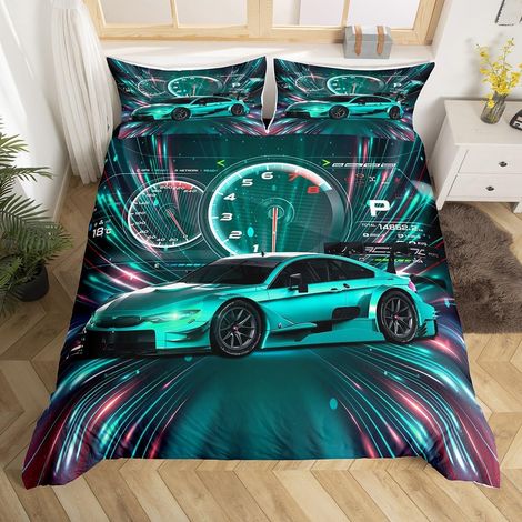 Housse de Couette Voiture de Sport, Ensemble de Literie Voiture de Course, Parure de Lit Imprimé de Voitures de Sport en 3D, Couvre Lit Vitesse Extrême Sports Cool (Vert, 200x200) (1/5)