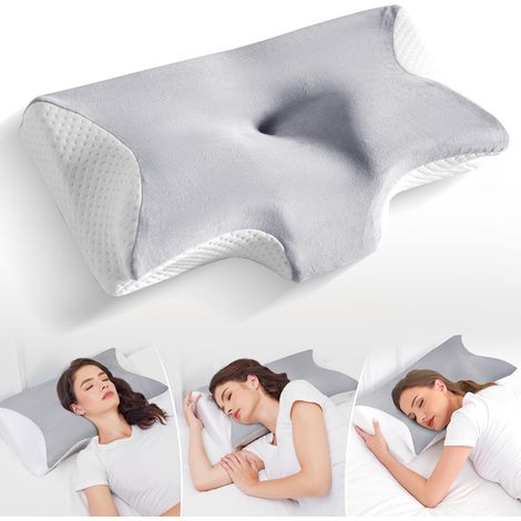 2 Oreiller mousse à mémoire, orthopédique cervical ergonomique, soulage nuque dos épaules, design papillon, flanelle douce - Gris (1/5)