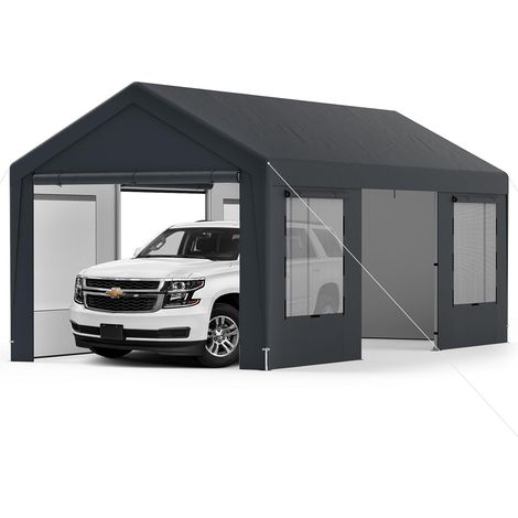 Abri de Voiture 595 x 300 cm Extérieur, Tente de Garage avec 8 Parois Latérales Amovibles Portes Enroulables Fenêtres Ventilées Bâche Imperméable (1/5)