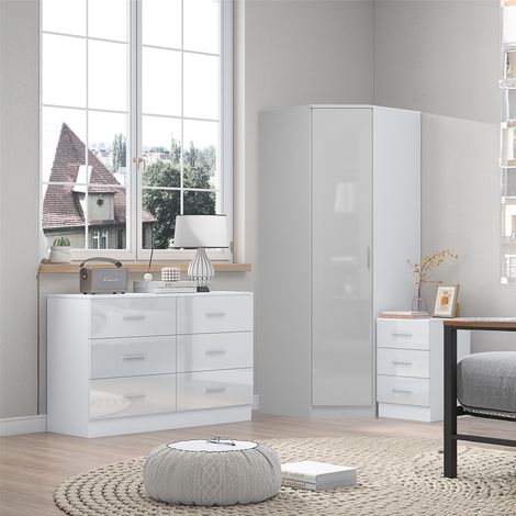 Reflect 1 Door Corner Wardrobe, 6 Drawer Chest, 3 Drawer Bedside - White Gloss & Matt White - Bedroom Furniture Set