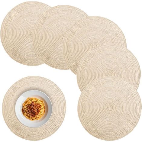 Lot De 6 Sets De Table Ronds, Lavables, Tressés Bohèmes, Résistants À La Chaleur (Beige, 38 Cm) (1/5)