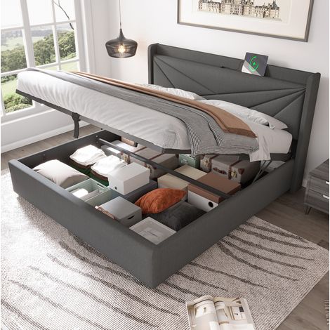 Lit double 180x200 cm gris en coton et lin avec tête de lit géométrique, USB et coffre de rangement (1/5)