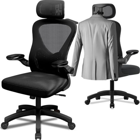 Chaise Bureau, Accoudoirs Relevables à 90° et Appui-TêTe 2D, Chaise de Bureau Ergonomique en Résille, Réglable en Hauteur sur 10 cm, Coussin D'Assise Moelleux 50X50 cm, Noire (1/5)