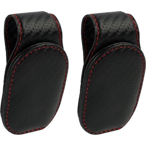 Confezione da 2 supporti magnetici per occhiali da sole da auto, effetto fibra di carbonio con cuciture rosse, clip universale antigraffio per aletta parasole (1/5)