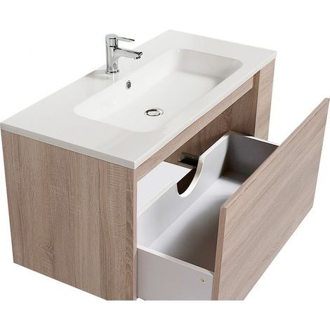 Le Quai Des Affaires – Meuble sous vasque avec vasque VESNA – Décor chêne blanchi – 1 tiroir – Dimensions L100xP46xH50 cm – Résine blanc brillant — vue 3