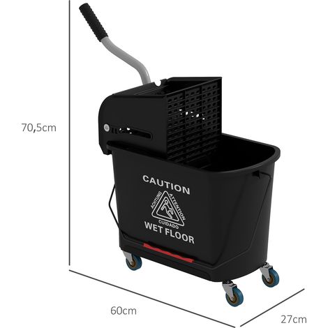 Cubo de fregona de 20 litros con escurridor y asa, cubo de fregona con ruedas, plástico, negro.