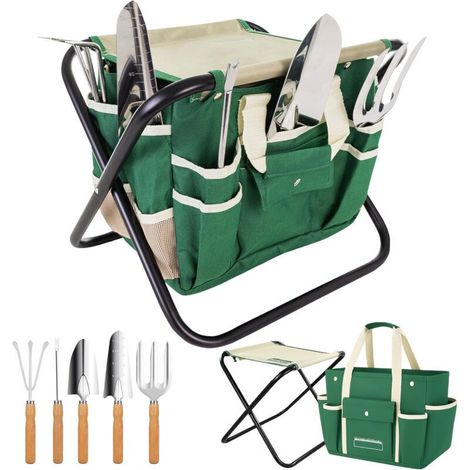 Set completo di 7 attrezzi da giardinaggio, in acciaio inossidabile resistente, con sgabello pieghevole robusto e borsa porta attrezzi rimovibile. (1/4)