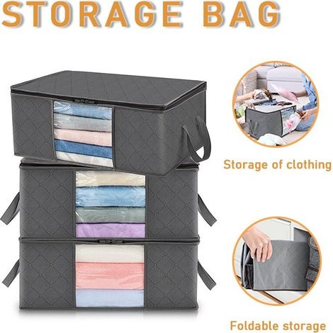 Set of 3 bags of storage foldable 35 L Fabric resistant with window transparent For clothes, cover, toys Gray (1/5)