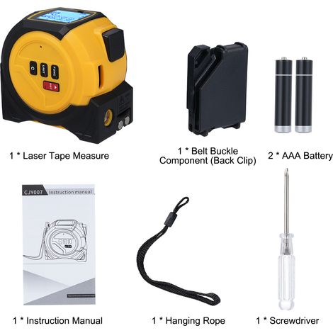 Mètre ruban laser 3 en 1, télémètre laser avec niveau, mesure laser 5M, calcul Pythagore, surface, volume, conversion M/ft/in, jaune, 5m+40m (1/5)