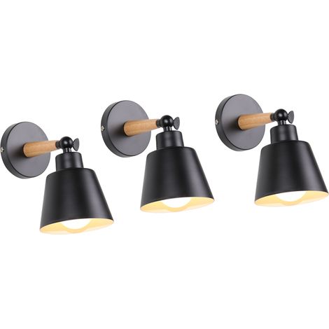 3x Wandleuchte Holz, Moderne Wandlampe Innen mit Metall Lampenschirm, Wandstrahler Art Licht Decor für Wohnzimmer Schlafzimmer (Schwarz)
