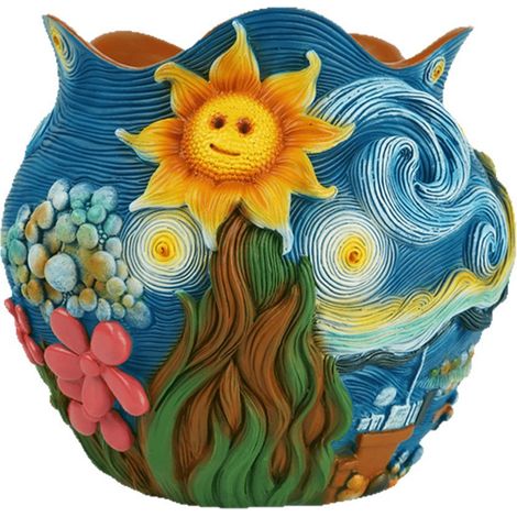 Handbemalter Sonnenblumen-Topf aus Kunstharz im Van-Gogh-Stil, ideal zur Dekoration von Balkon oder Büro. Farbenfrohes Design.