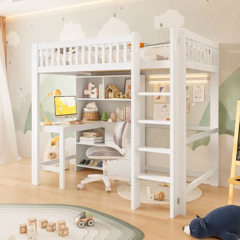 DESVIAE Lit mezzanine 90 x 200 cm avec bureau, étagères de rangement, 3 tiroirs et échelle, pin massif et MDF, blanc (1/5)