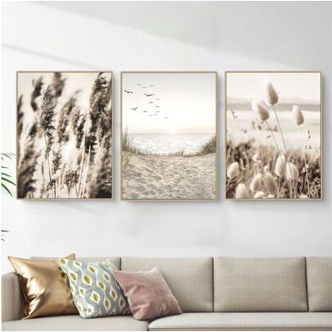 Ecleanfy - Set de 3 tableaux décoration murale 30x42cm – Papier épais beige plage – Prêts à suspendre pour salon, chambre, bureau (1/5)