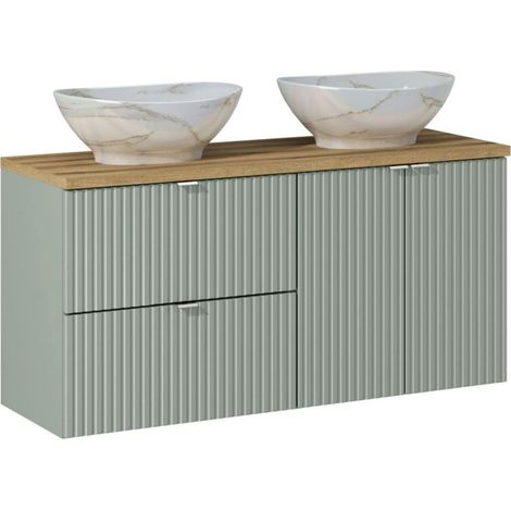 Conjunto ELVINA 120cm: muebles bajo lavabo con cajones y armarios + encimera para lavabo + dos lavabos sobre encimera de mármol