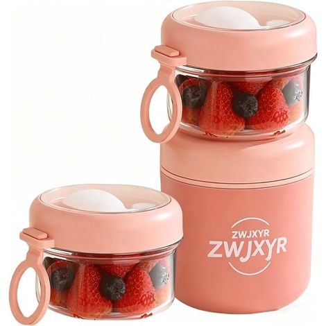 Pot à yaourt portable – Pot à yaourt à emporter – Pot à yaourt – Pot à muesli – Boîte à flocons d'avoine pour le petit-déjeuner – Étanche – Isotherme – Cuillère incluse – Rose – 860 ml rose (1/5)