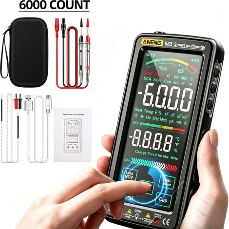 Multimètre numérique 6000 comptes – Tension AC/DC 0-1000V – Courant 0-10A – Résistance 0-60MΩ – Écran tactile couleur VA – Version améliorée