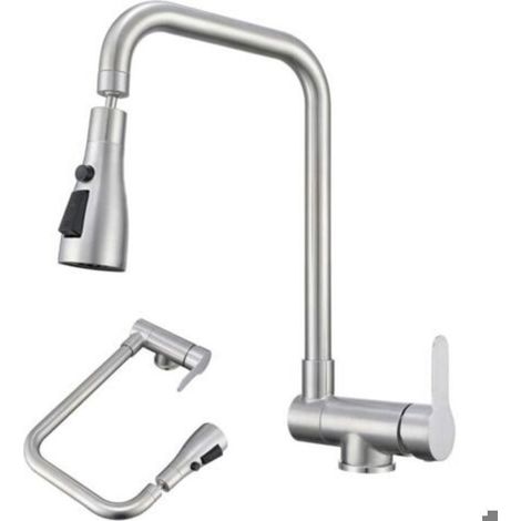 Grifo de cocina plegable - Acero inoxidable 304 cepillado - 3 modos de rociado - Se pliega hasta 90° (1/4)