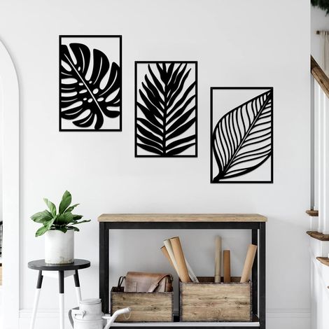 Lot de 3 panneaux muraux bohème en métal - Décoration murale vintage - Plante tropicale - Sculpture murale rustique en métal pour salon, salle de bain, chambre à coucher, bureau (1/5)