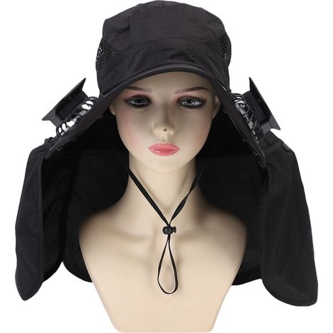 Ortviai Chapeau de pêche solaire avec ventilateurs doubles, protection cervicale et rebord large – Noir (1/5)