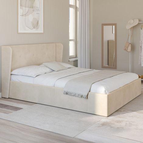 Cama de matrimonio OREA con cabecero alado y base de terciopelo beige de 140 x 190 cm