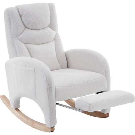 Chaise berçante avec repose-pieds pliable en tissu Teddy blanc, cadre en bois, support 110 kg (1/5)