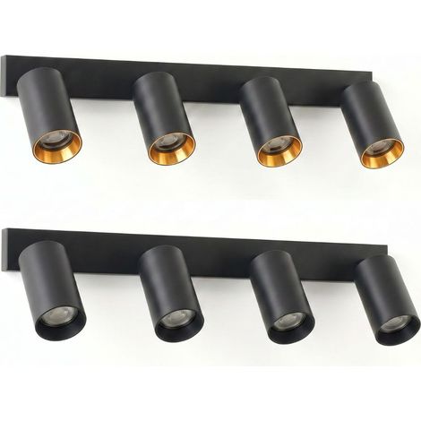 Plafoniera da Parete e Soffitto in Metallo 4 Faretti GU10 con Anello Dorato Intercambiabile Nero