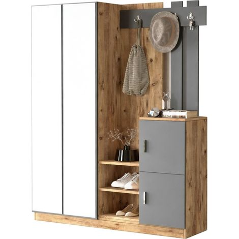 Dmora - Mobile da ingresso Borealis, Entratina appendiabiti, Composizione per atrio, Consolle portaoggetti multifunzione, 147x38h180 cm, Quercia e Antracite, con imballo rinforzato, con imballo rinfor