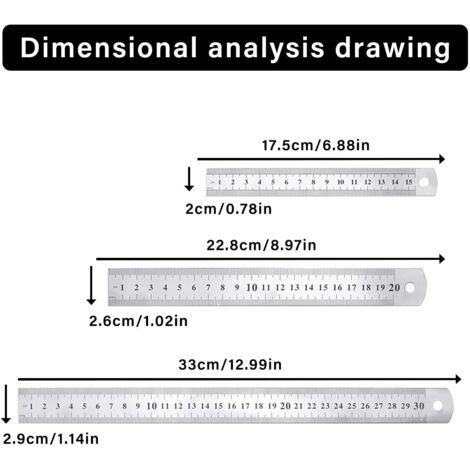 3er-Set Edelstahl-Präzisionslineale, Metall-Geradelineal-Kit 15 cm (6''), 20 cm (8''), 30 cm (12''), Silbernes Inox-Lineal (1/4)