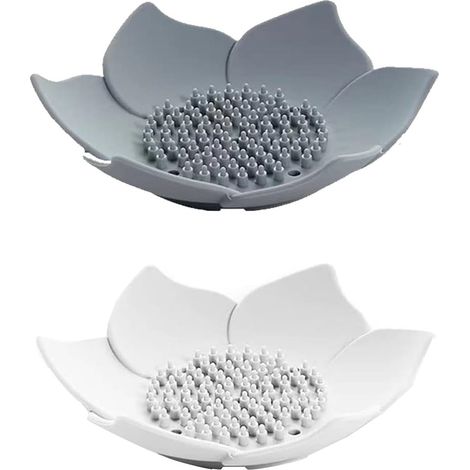 2er-Set Seifenschalen, florale Seifenhalter mit Abfluss, Silikon-Seifenschalen, Küchenseifenhalter, Schwammablage, für Dusche, Badezimmer, Küche, Weiß und Grau (1/5)