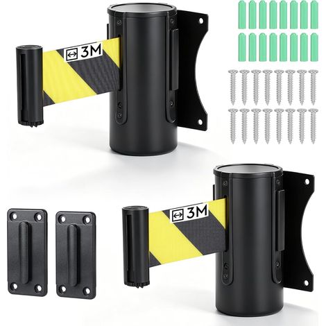 2 x Barrière de File Extensible Murale 3 Mètres Ruban de Barriere Retractable, Ruban de Sécurisé Jaune/Noir avec Boîtier ABS et 8 Vis (1/5)