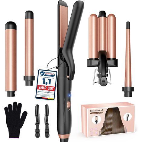 Boucleur a Cheveux, Fer à Boucler 3 Tete avec un Lisseur Cheveux antistatique en céramique pour cheveux avec température réglable Réchauffement rapide Fer à Friser Rose Gold 5 en 1 (1/5)