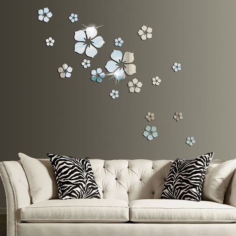 Autocollants muraux, Lot de 18 autocollants muraux miroir en acrylique avec fleurs décoration murale pour chambre salle de bain salon (argent) (1/5)