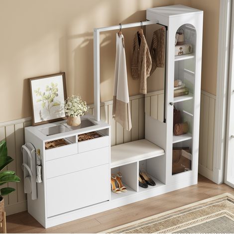 Conjunto de muebles de entrada 6 en 1 con LED, espejo, zapatero y vitrina blanco OKMYHOME (1/5)