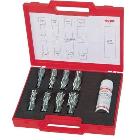 Juego  de brocas  de núcleo  RUKO  HSS  con vástago  Weldon  rectificado  CBN,  10  piezas.  En  estuche  de  plástico  -  108810