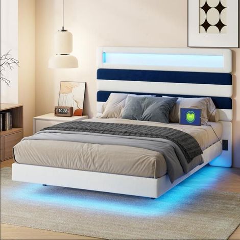 Doppelbett 140x190 cm Design aus Samt mit RGB-LEDs und USB-Ladegerät, modernes beleuchtetes Kopfteil (1/5)