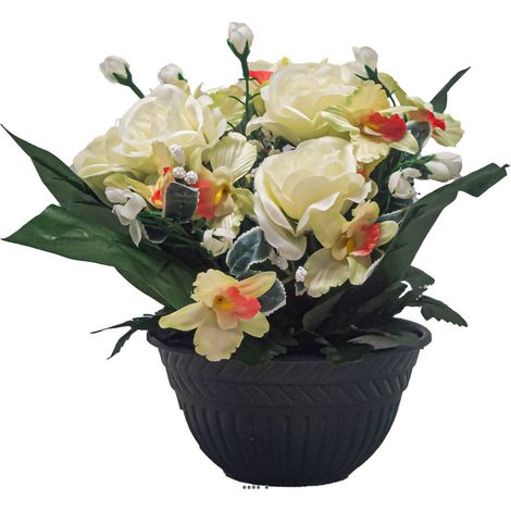 Vasque de fleurs artificielles Roses pour le cimetière H 28 cm D 30 cm Crème - couleur: Crème