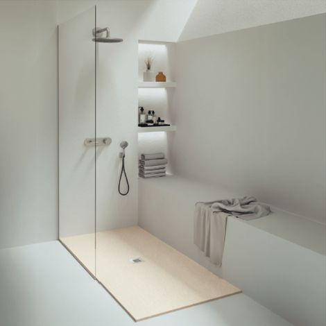 Mineralguss-Duschwanne extra flach WATERLOO Schieferoptik BEIGE 120x120cm (1/4)