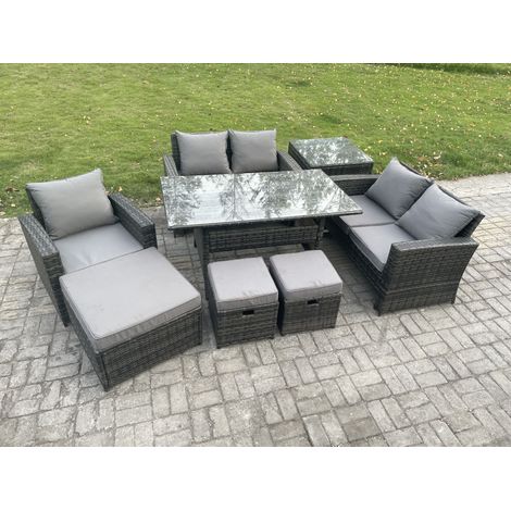 Fimous 8 places Ensemble de meubles de jardin en rotin  avec Table à manger rectangulaire DoppelsitzCanapé Table d'appoint 3 Repose-pieds Gris foncé mélangé (1/5)