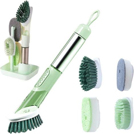 Brosse de nettoyage avec tête de brosse remplaçable (manche en acier inoxydable + 4 têtes de brosse de rechange + support de rangement) Verte (1/5)