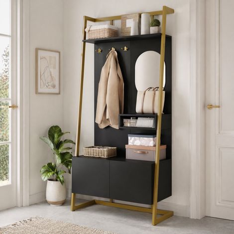 MEUBLIV Garderobe compacte noire avec miroir et rangement à chaussures, 1 colis (1/5)
