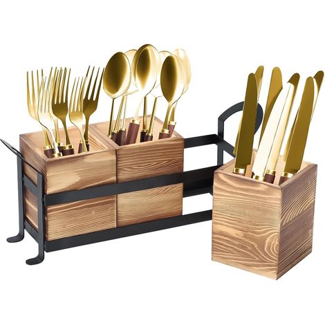 3 Compartiments Porte Ustensiles de Cuisine, Rangement Ustensiles Cuisine en Bois avec Amovible Support en Fer et 2 Poignées, Bois de Couverts (1/5)