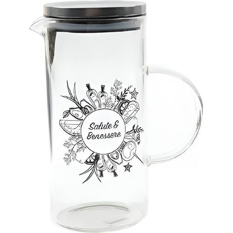 Caraffa in vetro Borosilicato decorata con scritta "Salute e Benessere" da 1300 mL -Bianco (1/2)