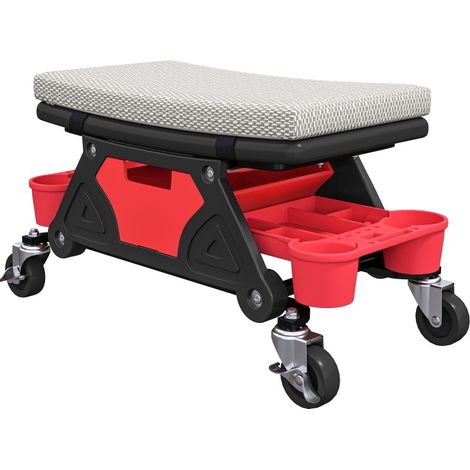 Tabouret d'atelier gris avec roulettes, tiroir et plateau de rangement, 35 cm de haut, charge max 135 kg (1/5)