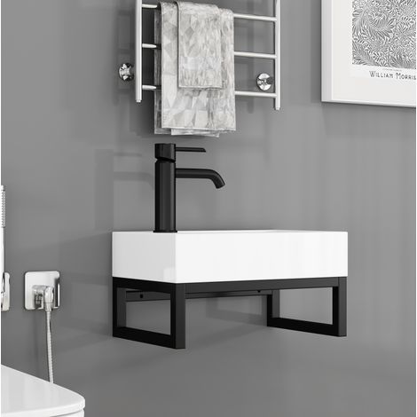 Lave-mains mural mini 40x25x21 cm en céramique blanc mat, gain de place pour WC invités FloraGrace (1/5)