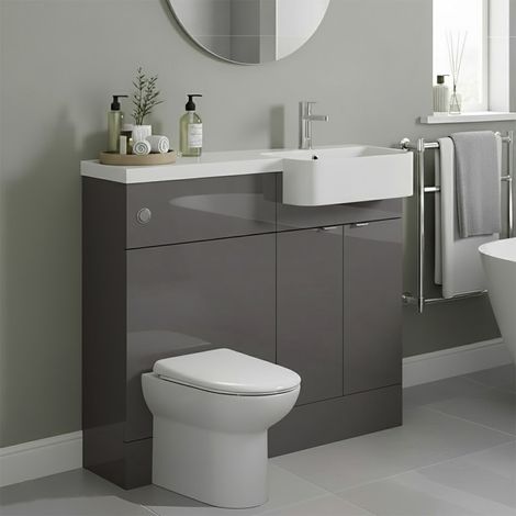 Hudson Reed Fusion RH Combination Unit with Round Semi Recessed Polymarble Basin 1000mm Wide - Gloss Grey (1/4)