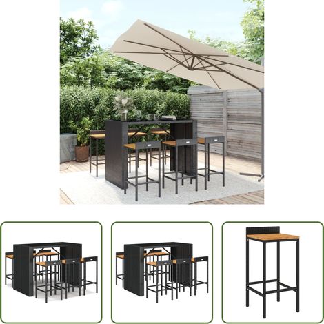 Tabouret de bar - Ensemble de bar jardin 7 pcs noir poly rotin/bois massif acacia (1/5)